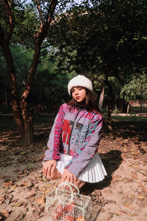 ELEPHANT KANTHA JACKET CROPPED BLUE